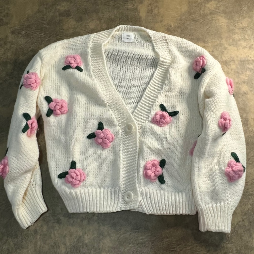 Luna Ivy Cardigan Womens Small White Pink 3D Floral Rose Knit Sweater CC0184